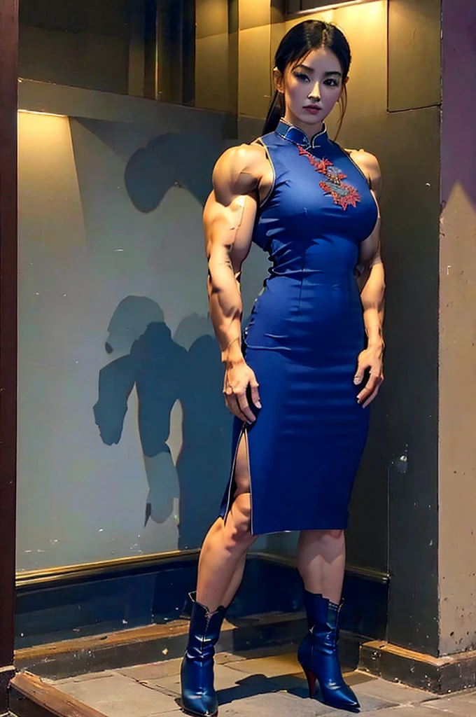 masterpiece, best quality, ultra-detailed, real photo quality, full body image, Woman in blue cheongsam、Sleeveless cheongsam、navy blue cheongsam dress、A Chinese dress with a large dragon embroidered on it、(45Face of an old woman)、((Beautiful face like a model))、Black long boots、Stiletto heels、Proud pose、Standing posture、very developed muscular physique、((Muscular physique like a male bodybuilder))、bulging muscles、Extremely muscular legs、(Protruding veins)、((muscular thick neck))、Incredible Strength、A large build, 2 metres tall