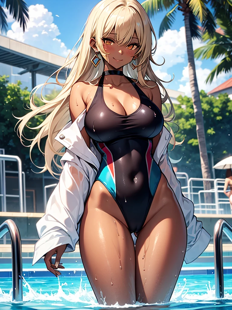 1girl, , dark-skinned female, solo, dark skin, blonde hair, swimsuit, smile, one-piece swimsuit, pool, covered navel, long hair, large breastsng at viewer, choker, cleavage, blus, jewelry, orange eyes, collarbone, wet, earrings, competition swimsuit, highleg, thighs, water