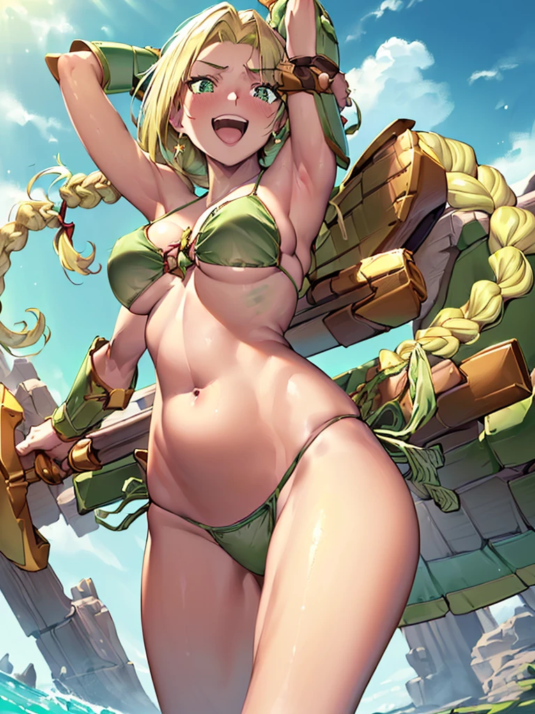 masterpiece,best quality,1girl,16yo,beautiful girl,BREAK,(Green Bikini Armor:1.8),(underboob,voluptuous bust,thin waist:1.4),navel exposed,BREAK,(Beautiful blonde,braid,Green Eyes:1.5),(Embarrassed smile:1.3),(open mouth:1.3),Sandy Beach,looking at the camera,