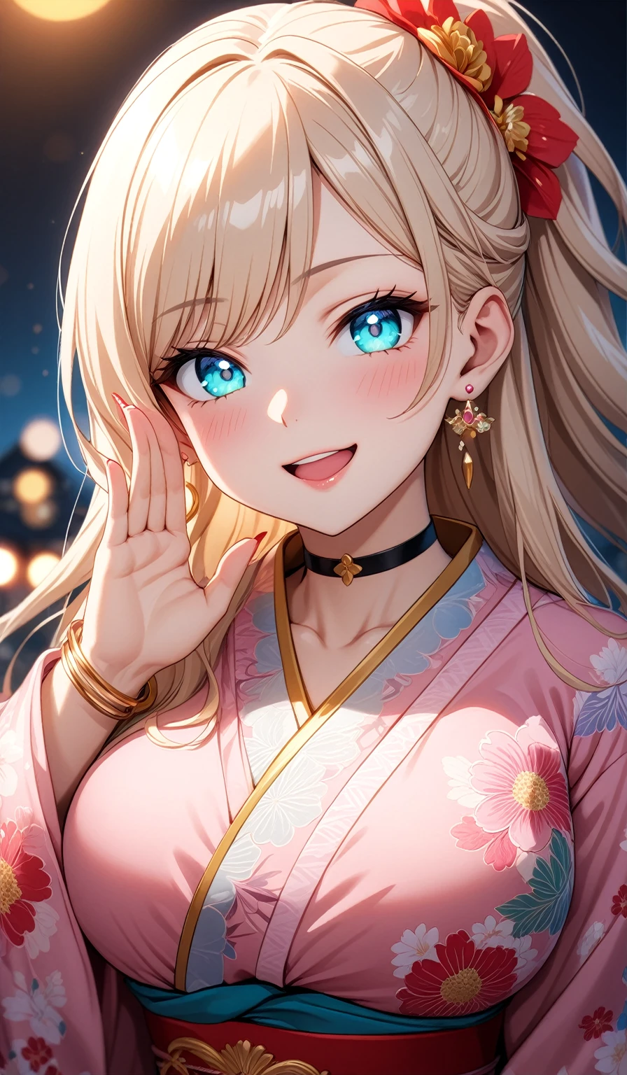 ((One personの女性)), Beautiful Face, ((Laughing embarrassedly)), (laugh),((Wink:1.9)),((waving at viewer:1.3)), (head tilt:1.3), Laugh with your mouth wide open,((Bright red cheeks:1.4)),Shiny red lips,night,横浜みなとみらいのnight景, firework,Laughing with your mouth open,Glossy pink lips,Facial lighting,((Anime style background)),masterpiece, Highest quality, so beautiful,up to date, Complex details, (4fingers and 1thumbs), (Pink long nails),(ring),(bracelet),(choker),AI-generated, Complex,High resolution, Highest quality, super high quality,3D Images、3D Images,One person,Long blonde hair,High Ponytail,(turquoise blue eyes),Anime woman posing for a photo, ((Fine grain、Colorful eyes、Shining Eyes:1.3)),(Squint your eyes:1.1),a hyperRealistic , hyperRealistic , Realistic,Anime woman with long white hair, Smooth anime CG art, A woman in a colorful kimono with gold embroidery, (Pink long sleeve kimono),Red floral pattern,Long flower hair ornament,Earrings,Mature Body,(Big Breasts:1.1),Tall,Abdominal muscles,Tight waist,(Zoom up to face:1.6),(front view),