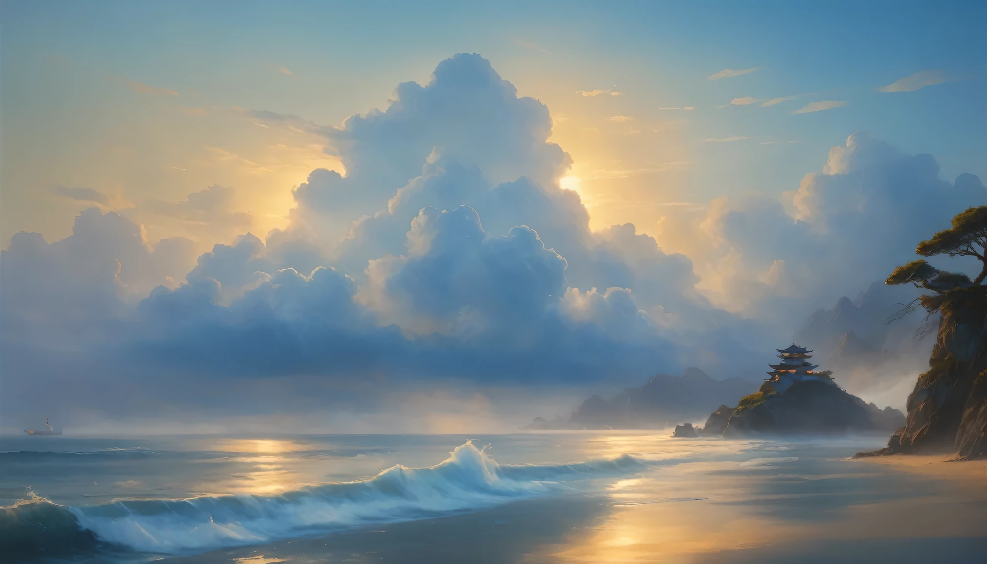 cloud,龍の形をしたcloud,Illuminated by the light of the setting sun ,Background sea,Foggy atmosphere,On-air lighting,薄いcloud,Smooth lines,Light blue and white shades,A serene and majestic sight,Amazing details,Artistic interpretation,Painting Style,masterpiece:1.2