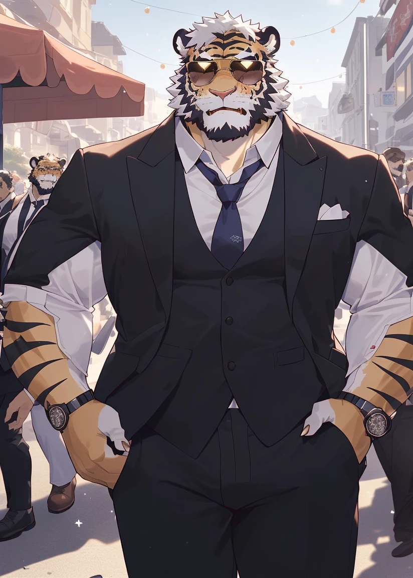 hairy,(tiger,Black suit,Wear sunglasses ),beard,Golden fur,White short hair,male,Brown eyes,Wear sunglasses,Common,Star,There are many reporters and fans around,Detailed background,极其lifelike阴影,masterpiece,Very detailed,lifelike, (((Crotch bulge)))