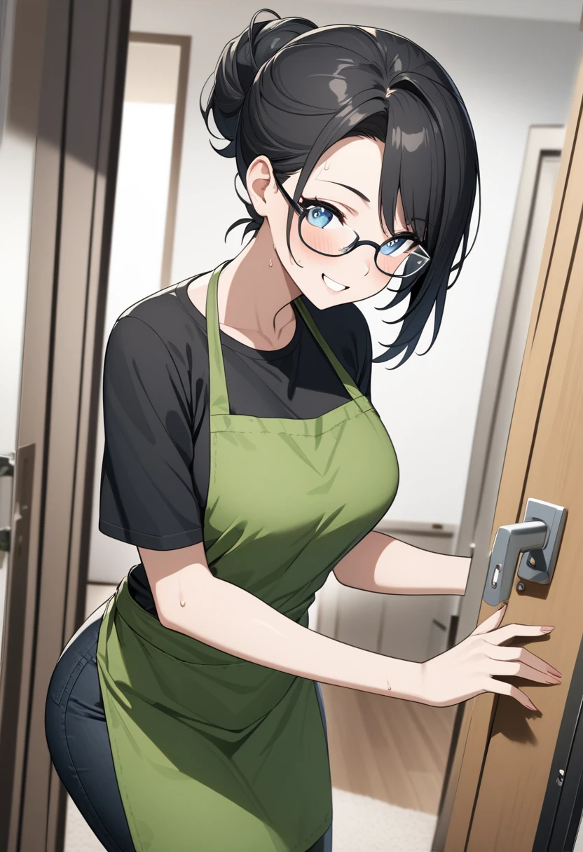 Adult female, highly detailed, glasses, short black hair style tied back, blue eyes, smile, apartment entry, green dirty apron, black shirt, black jeans, perfect eyes, high quality, happy, sweaty, answering door, highly detailed living room background, expressive eyes