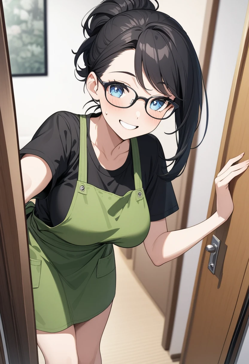 Adult female, highly detailed, glasses, short black hair style tied back, blue eyes, smile, apartment entry, green dirty apron, black shirt, black jeans, perfect eyes, high quality, happy, sweaty, answering door, highly detailed living room background, expressive eyes