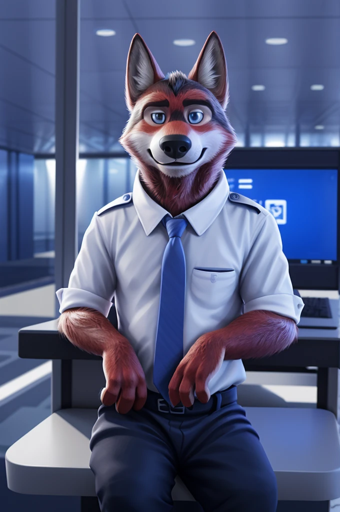 Ivan Fedorovich Wolfbach (Novosibirsk) ,tall handsome, wolf,young, 24 years, brown fur,Kind,(red body:1.3),beautiful blue eyes,Novosibirsk,dressed,civil aviation pilot uniform,White shirt,commander's epaulettes, черный tie, trousers,air traffic controller, trousers,canine, wolf, detailed fur, male, second, paw pads, finger claws,At the viewer, 5 fingers, paws, 5 fingers, smile, wrist watch, т nextel,by xenoforge, (difficult, high detail, digital photography, soft focus, RAW,goes for a walk, ,Very close to the camera,airport,Novosibirsk, smile, good mood, positive, Very close to the camera, plaid shirt, At the hairdresser, without hair, captain's epaulets,
Photorealism, realistic, photorealistic, digital style, Subsurface scattering,I look at the viewer,стоит White shirt is sitting, at the computer, radars, microphone, trousers, tie,air navigation tower, close to the camera,окно вид на airport и самолеты, is sitting,
masterpiece, Best quality, ultra realistic, 8 thousand.)