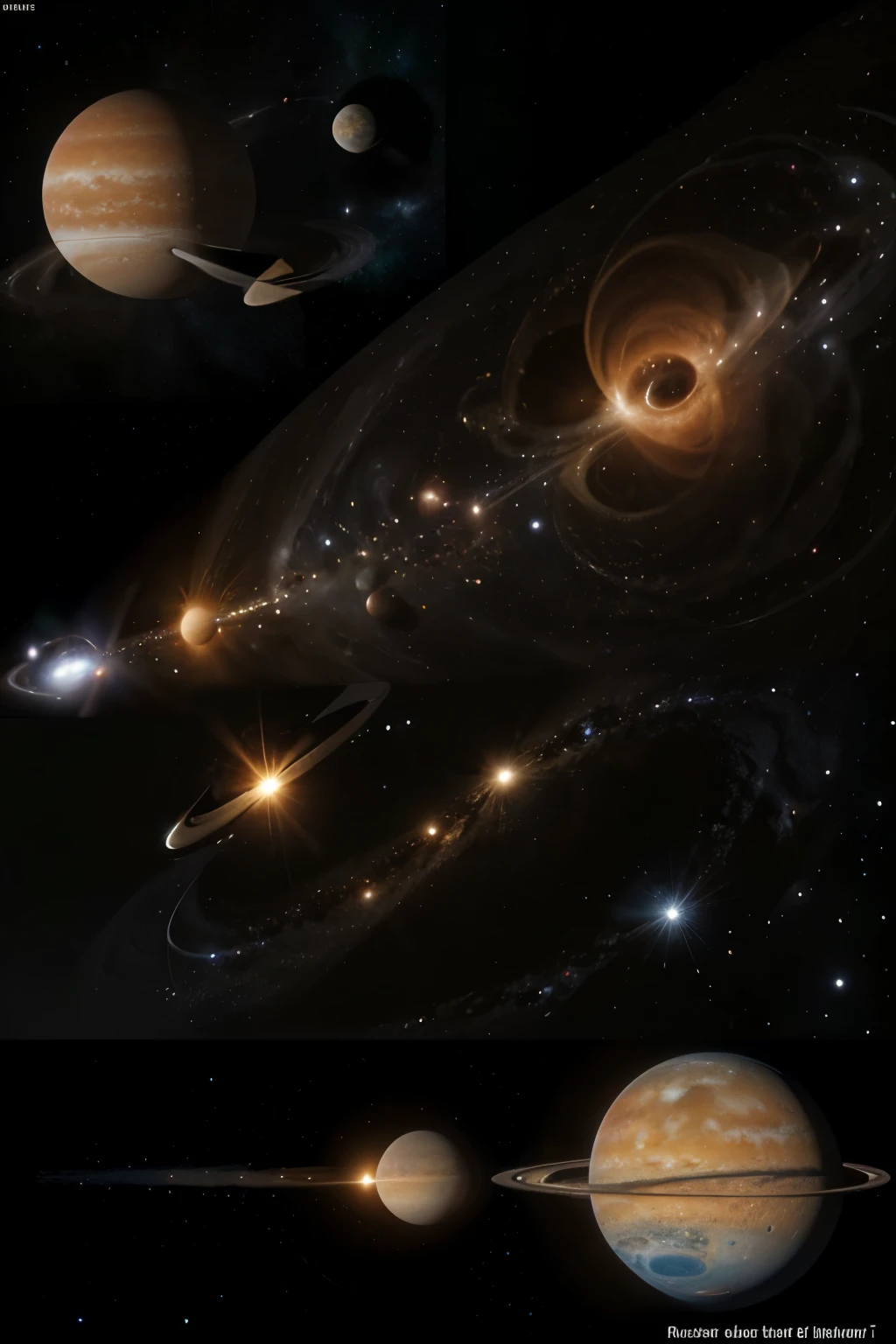 A closer view of the solar system forming around the protostar.
Planets emerging from filaments of condensed gas and dust.
Defined orbits around the protostar, showing the formation of a stable planetary system.
Aim: Illustrate the advanced phase where planets begin to take shape from condensed material, thus completing the formation cycle according to the tidal theory.
