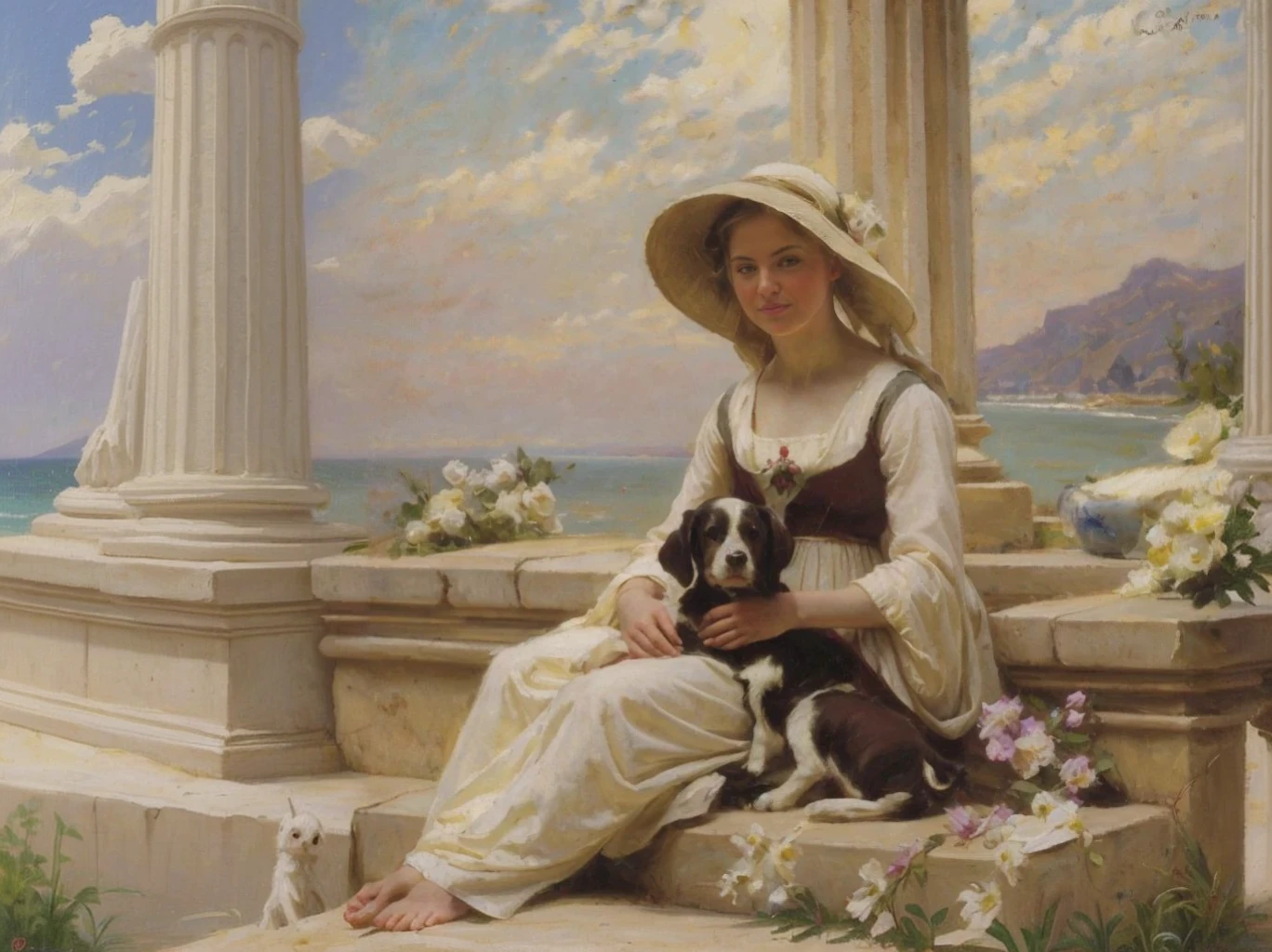 oil on canvas, a young beautiful woman with resemblance to Mckenna Grace, white medieval outfit, has a little dog, She is lying on some stone steps in front of a column decorated with flowers, in the background a quiet beach, Hoar, looking to the camera, natural lighting, style of william-adolphe bouguereau