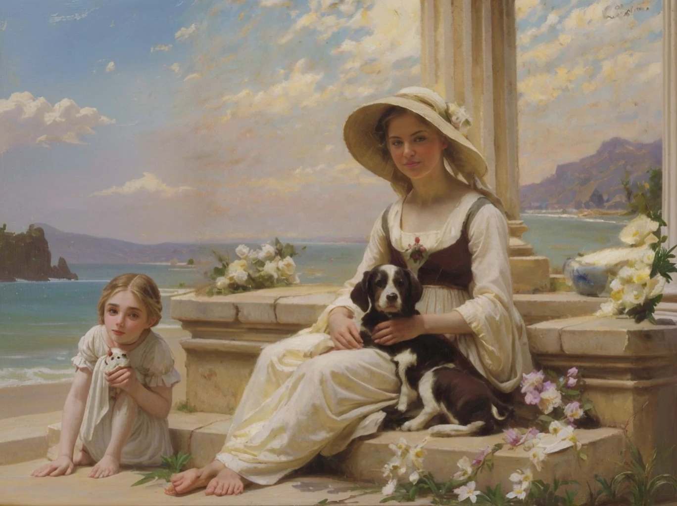 oil on canvas, a young beautiful woman with resemblance to Mckenna Grace, white medieval outfit, has a little dog, She is lying on some stone steps in front of a column decorated with flowers, in the background a quiet beach, Hoar, looking to the camera, natural lighting, style of william-adolphe bouguereau