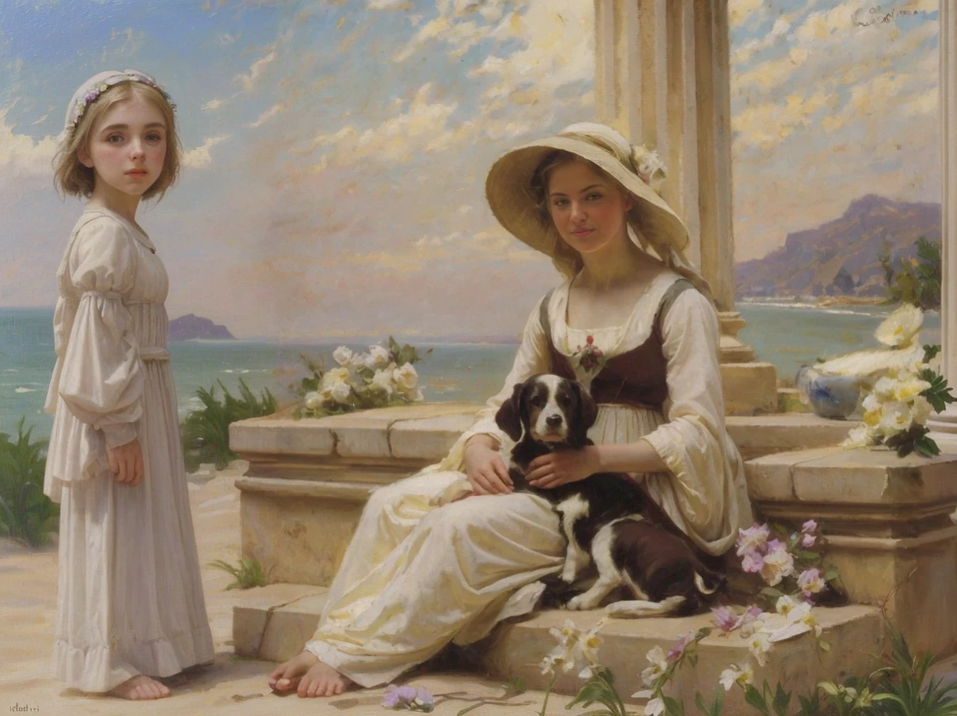 oil on canvas, a young beautiful woman with resemblance to Mckenna Grace, white medieval outfit, has a little dog, She is lying on some stone steps in front of a column decorated with flowers, in the background a quiet beach, Hoar, looking to the camera, natural lighting, style of william-adolphe bouguereau