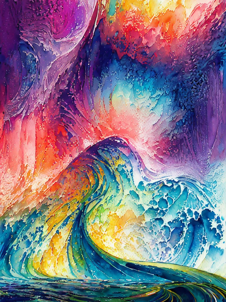 (masterpiece, top quality, best quality,watercolor (medium),official art, beautiful and aesthetic:1.2),(1girl:1.3), (fractal art:1.3),upper body, from side, looking at viewer,patterns,(rainbow color Hair,colorful hair,half blue and half pink hair:1.2),water,liquid, cloud,colorful, starry,stars, hatsune miku