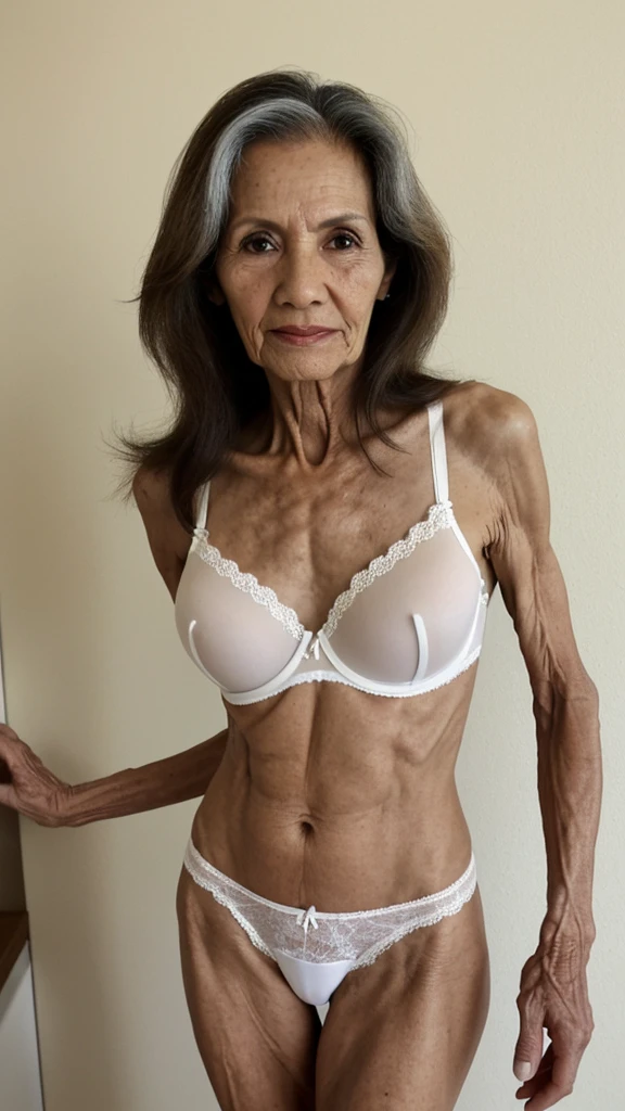 granny woman, 57 years old, very very skinny, nationality of Mexican, With wrinkles, housewife, in transparent white underwear, small panties and bra, With wrinkles de la edad, Long brown liso hair, full body, very very skinny, head on, with magnifying lenses, medio cuerpo