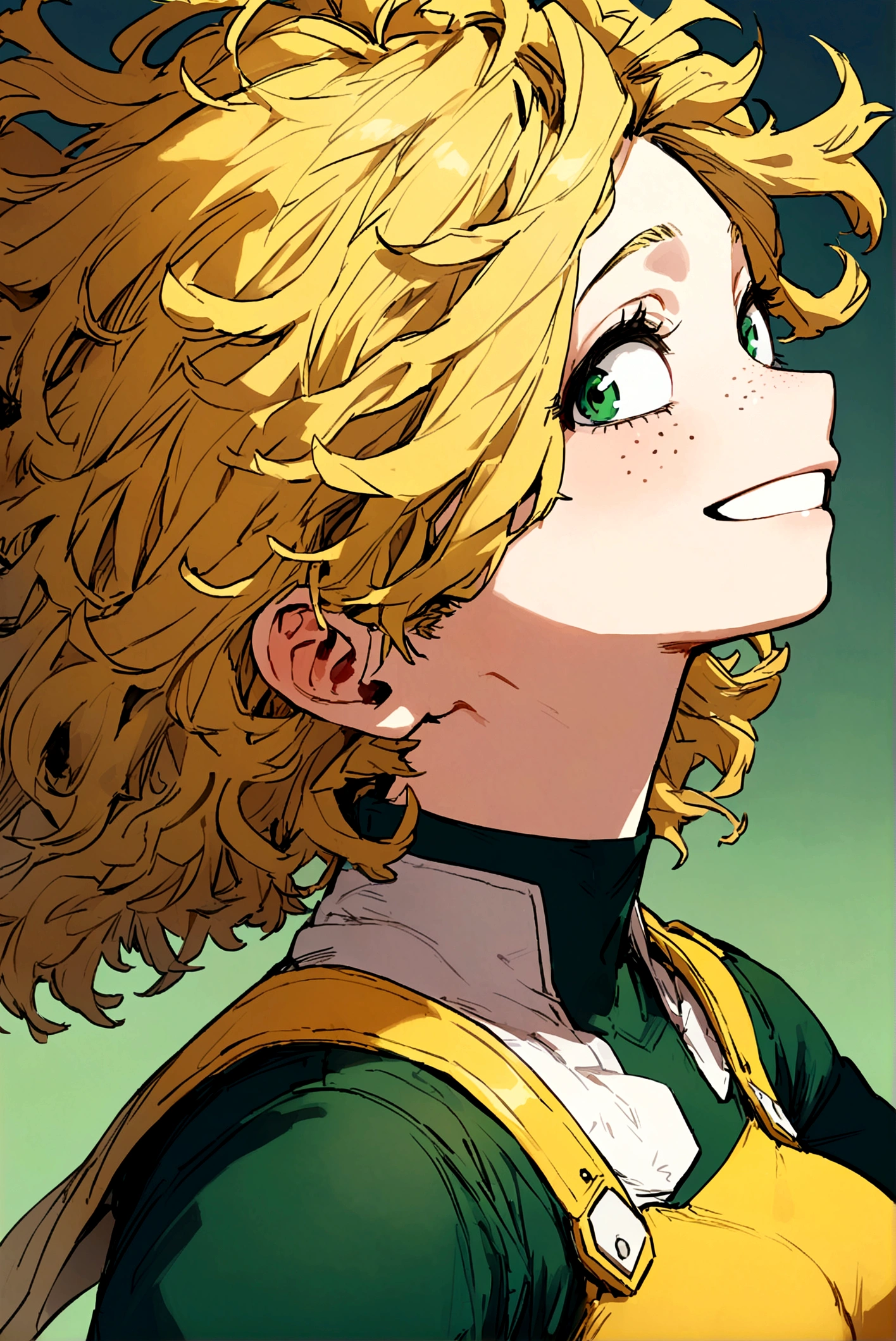 My hero academia, girl with yellow messy hair with green eyes and freckles, smiling