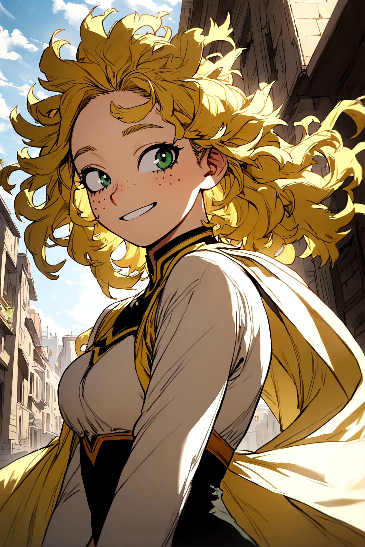 My hero academia, girl with yellow messy hair with green eyes and freckles, smiling