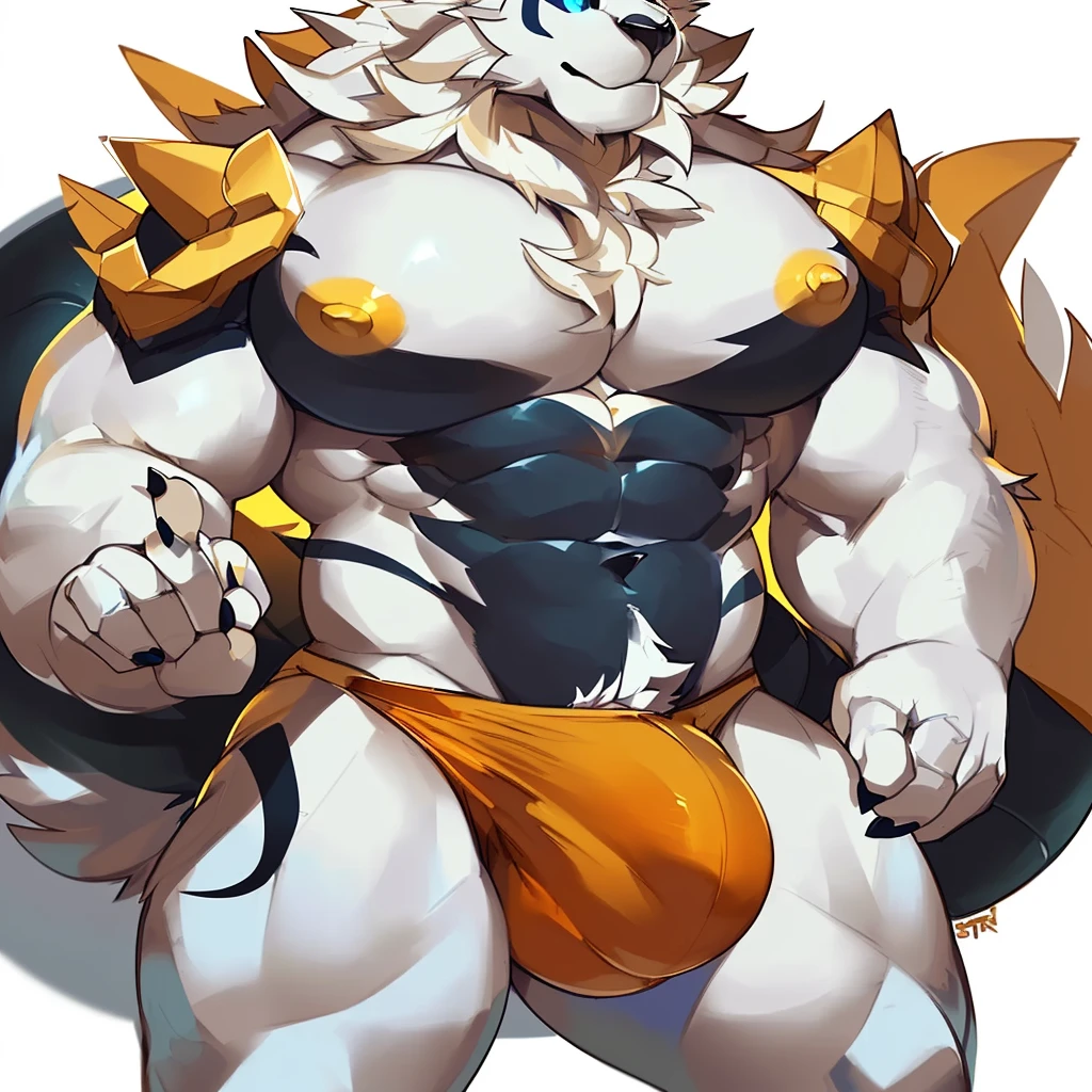 Solo, Anthro, male (((solgaleo, lion, blue sclera, muscular, big pecs, abs, yellow nipples, white fur, black body, black nose, multicolored body, multicolored fur, multicolored mane, white mane, mane, grey pecs, black chest, black abdomen, white arms, white legs, 5 fingers, tail, white tail, yellow tipped tail, markings, orange tipped mane, orange speedo, big bulge))) standing, pokemorph, biped ((focus grey abdomen, focus solgaleo, focus grey chest)) full body, perfect anatomy, by darkgem, by mystikfox61, by glitter trap boy
