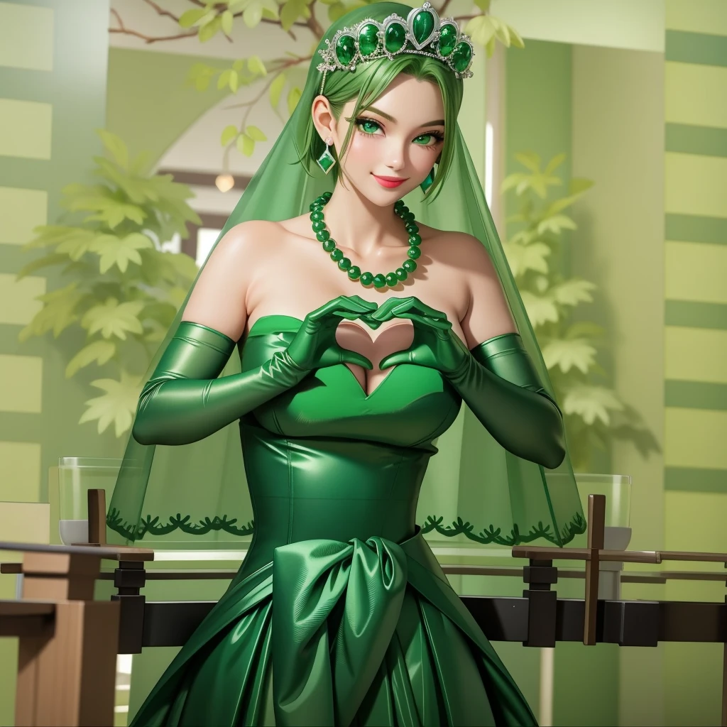Emerald tiara, Green Pearl Necklace, ボーイッシュな非常に短いGreen Hair, Green Lips, Smiling Japanese woman, Very short hair, Busty beautiful lady, Green Eyes, Green satin long gloves, Green Eyes, Emerald Earrings, Green veil, Heart with both hands, Green Hair, Beautiful Japanese Woman, Heart shaped hands:1.3, green lip gloss