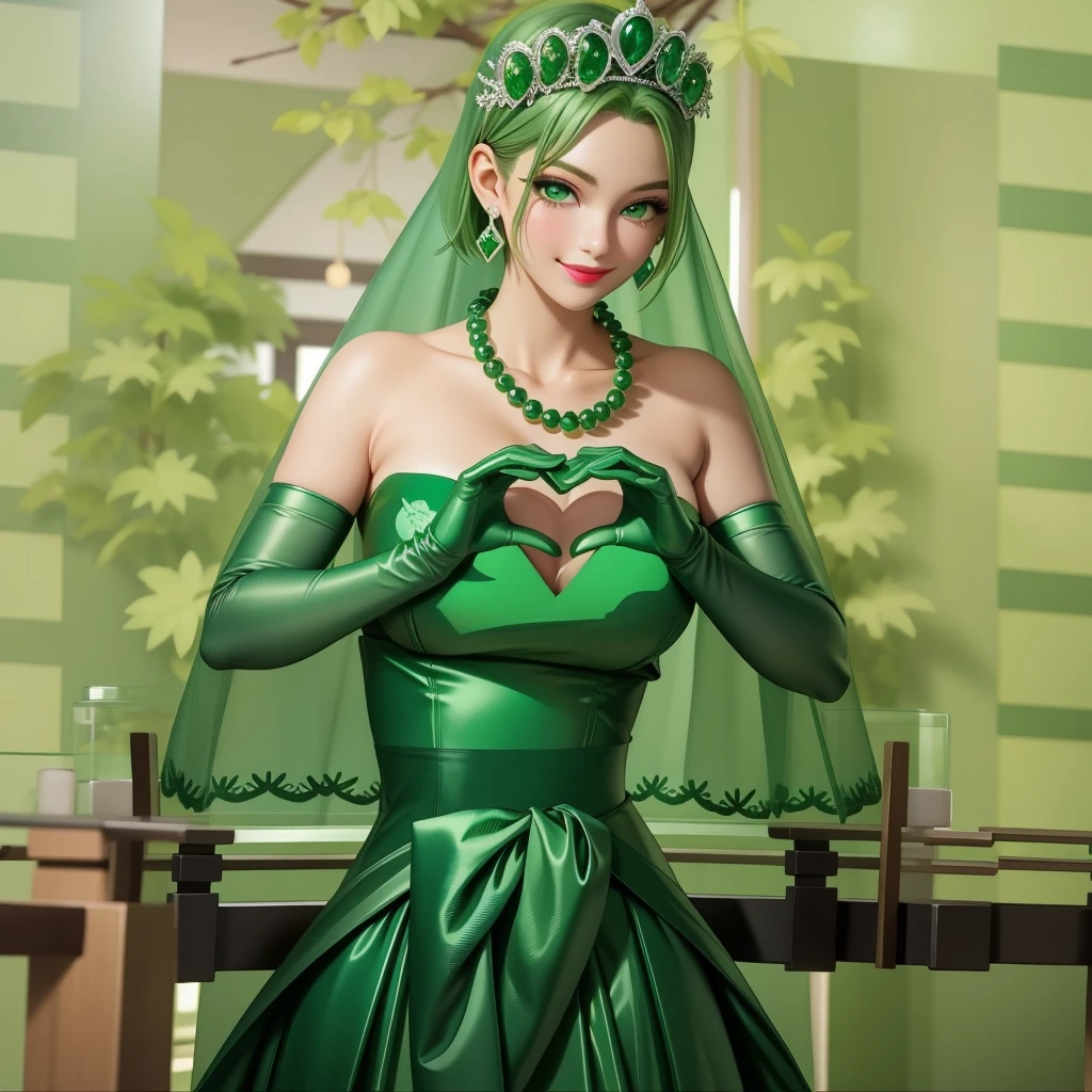 Emerald tiara, Green Pearl Necklace, ボーイッシュな非常に短いGreen Hair, Green Lips, Smiling Japanese woman, Very short hair, Busty beautiful lady, Green Eyes, Green satin long gloves, Green Eyes, Emerald Earrings, Green veil, Heart with both hands, Green Hair, Beautiful Japanese Woman, Heart shaped hands:1.3, green lip gloss