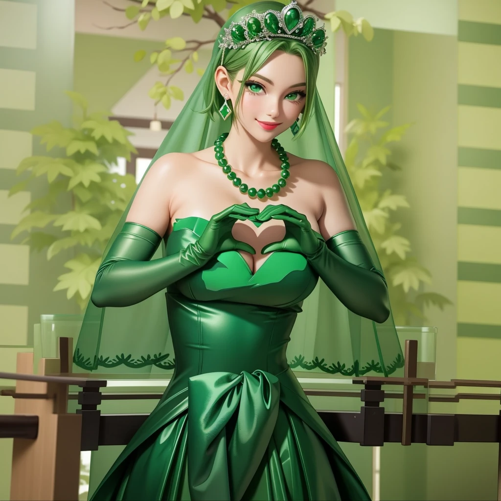 Emerald tiara, Green Pearl Necklace, ボーイッシュな非常に短いGreen Hair, Green Lips, Smiling Japanese woman, Very short hair, Busty beautiful lady, Green Eyes, Green satin long gloves, Green Eyes, Emerald Earrings, Green veil, Heart with both hands, Green Hair, Beautiful Japanese Woman, Heart shaped hands:1.3, green lip gloss