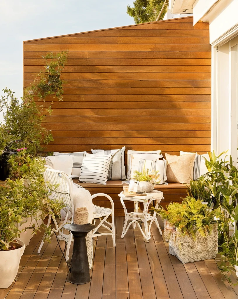 there is a wooden deck with a bench and chairs and plants, beautiful terrace, terrace, balcony, Outdoor Tonal Colors, relaxing and cozy landscape, serene and peaceful style, cozy atmosphere, green terrace, deck, subtle earthy tones, outdoor design, Comfortable place, cozy atmosphere, color scheme brown and black salad colors and white in outline.