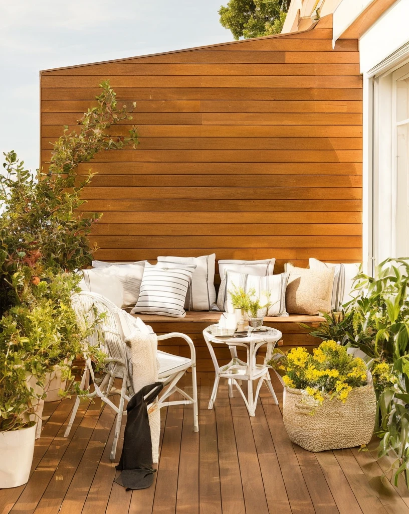 there is a wooden deck with a bench and chairs and plants, beautiful terrace, terrace, balcony, Outdoor Tonal Colors, relaxing and cozy landscape, serene and peaceful style, cozy atmosphere, green terrace, deck, subtle earthy tones, outdoor design, Comfortable place, cozy atmosphere, color scheme brown and black salad colors and white in outline.