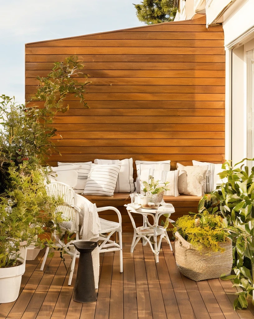 there is a wooden deck with a bench and chairs and plants, beautiful terrace, terrace, balcony, Outdoor Tonal Colors, relaxing and cozy landscape, serene and peaceful style, cozy atmosphere, green terrace, deck, subtle earthy tones, outdoor design, Comfortable place, cozy atmosphere, color scheme brown and black salad colors and white in outline.