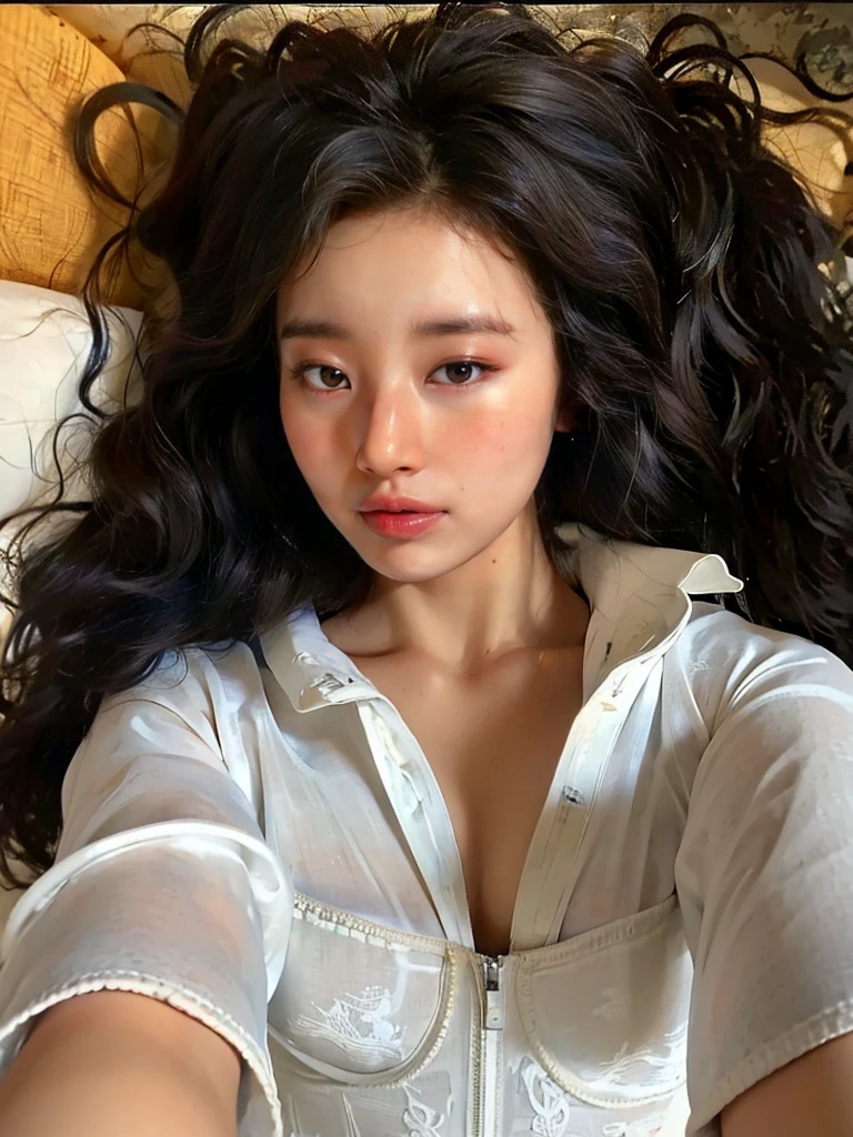 there is a woman lying on a bed in a white shirt, bella poarch, Portrait of Sophie Mudd, cabello ondulado without makeup, with long curly hair, leaked image, extended wavy hair, without makeup, his black hair is long and curly, olive skin, selfie of a young woman, beautiful young model, Instagram Template, messy long curly hair