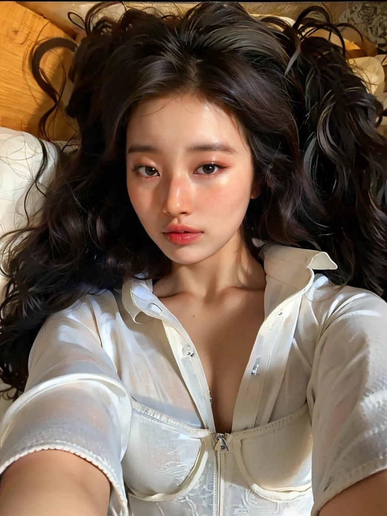 there is a woman lying on a bed in a white shirt, bella poarch, Portrait of Sophie Mudd, cabello ondulado without makeup, with long curly hair, leaked image, extended wavy hair, without makeup, his black hair is long and curly, olive skin, selfie of a young woman, beautiful young model, Instagram Template, messy long curly hair