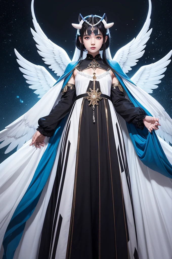 A full-length adult, with angelic clothes, that cover its entire body and with small blue horns, Caucasian skin, with some spots spread ALL OVER THE BODY, medium and black hair, medium height, and brown eyes.
