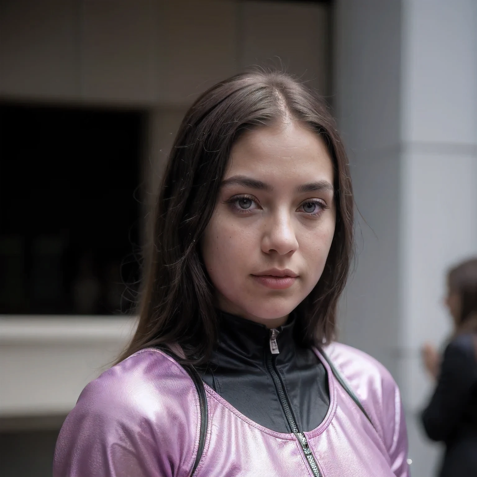 Photo of a college student, Purple Pink, Futuristic space suit, (freckle:0.8) Cute face, Science Fiction, Dystopia, Delicate eyes, Green pupils（（side view））