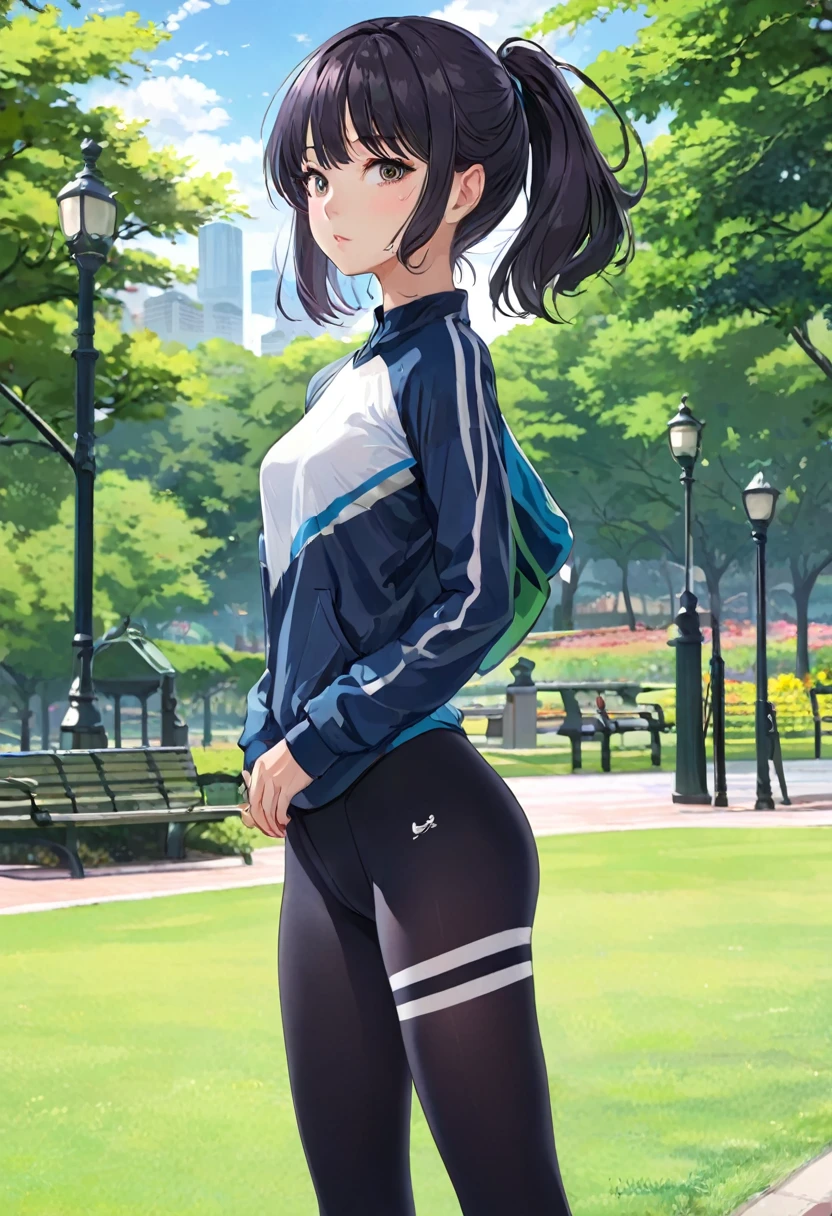 masterpiece、Mastepiece、22 year old anime girl、Random hairstyle、Perfect proportions、Wear sports tights、The background is a park