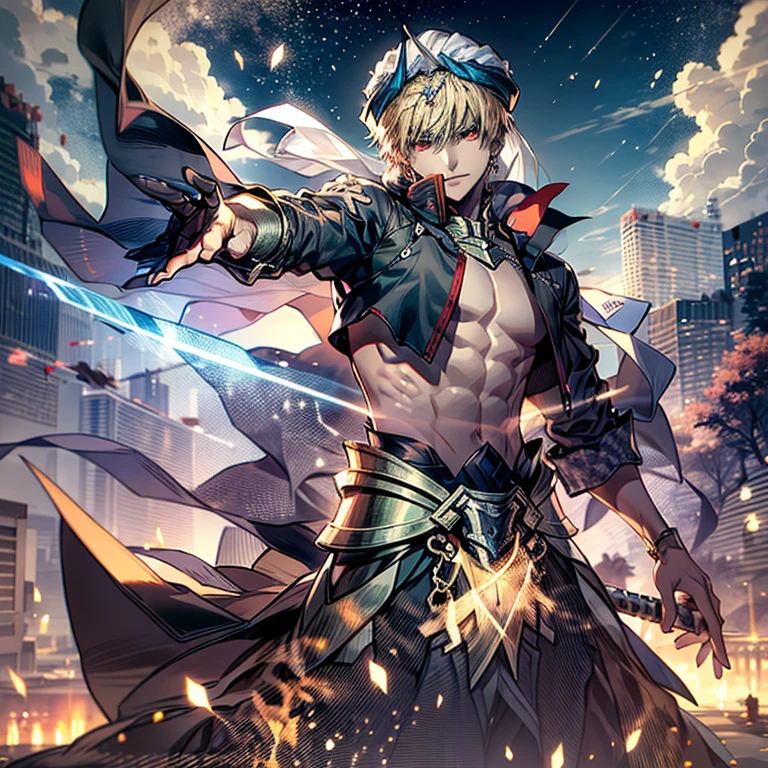 8K, Mouthpiece, ((One Beautiful Man)),((Fate Stay Night Drawing)), Gilgamesh Male Solo, emperor, whole body, Fighting on a desolate hilltop, Visibility is poor due to dust, ((One Beautiful Man)), ((Red eyes)), Long Hair, Blonde, Wrap a turban on your head, (Background: Countless swords floating in the air, all facing the same direction, Many types of swords),Powerful Pose, Dynamic Posing, 