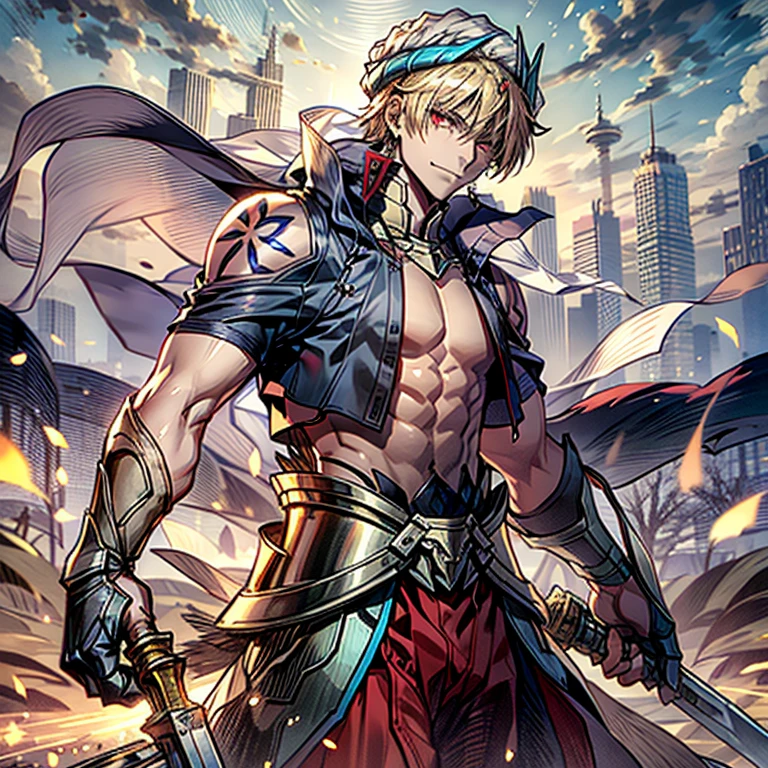 8K, Mouthpiece, ((One Beautiful Man)),((Fate Stay Night Drawing)), Gilgamesh Male Solo, emperor, whole body, Fighting on a desolate hilltop, Visibility is poor due to dust, ((One Beautiful Man)), ((Red eyes)), Long Hair, Blonde, Wrap a turban on your head, (Background: Countless swords floating in the air, all facing the same direction, Many types of swords),Powerful Pose, Dynamic Posing, 