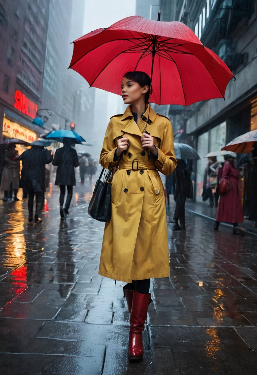 A serene, rainy day in a bustling city. A young woman stands on a cobblestone street, holding a vibrant, red umbrella. She wears a stylish trench coat and tall boots, looking both chic and protected from the rain. The umbrella is slightly tilted, shielding her from the gentle drizzle.

Around her, the city is alive with activity. People bustle by with their own umbrellas, creating a sea of colors and patterns. Nearby, a street vendor under a canopy sells hot coffee, steam rising from the cups into the cool air. The storefronts are adorned with glowing signs and display windows showcasing the latest fashions.

In the background, a mix of modern skyscrapers and classic architecture stretches into the misty distance. Reflections of city lights dance on the wet pavement, creating a mesmerizing glow. Puddles form near the curbs, occasionally disturbed by passing cars that send up sprays of water.

Overhead, dark clouds roll across the sky, their edges illuminated by the occasional flash of lightning. Yet, despite the rain, the scene is warm and inviting, a snapshot of life continuing with a sense of resilience and beauty.