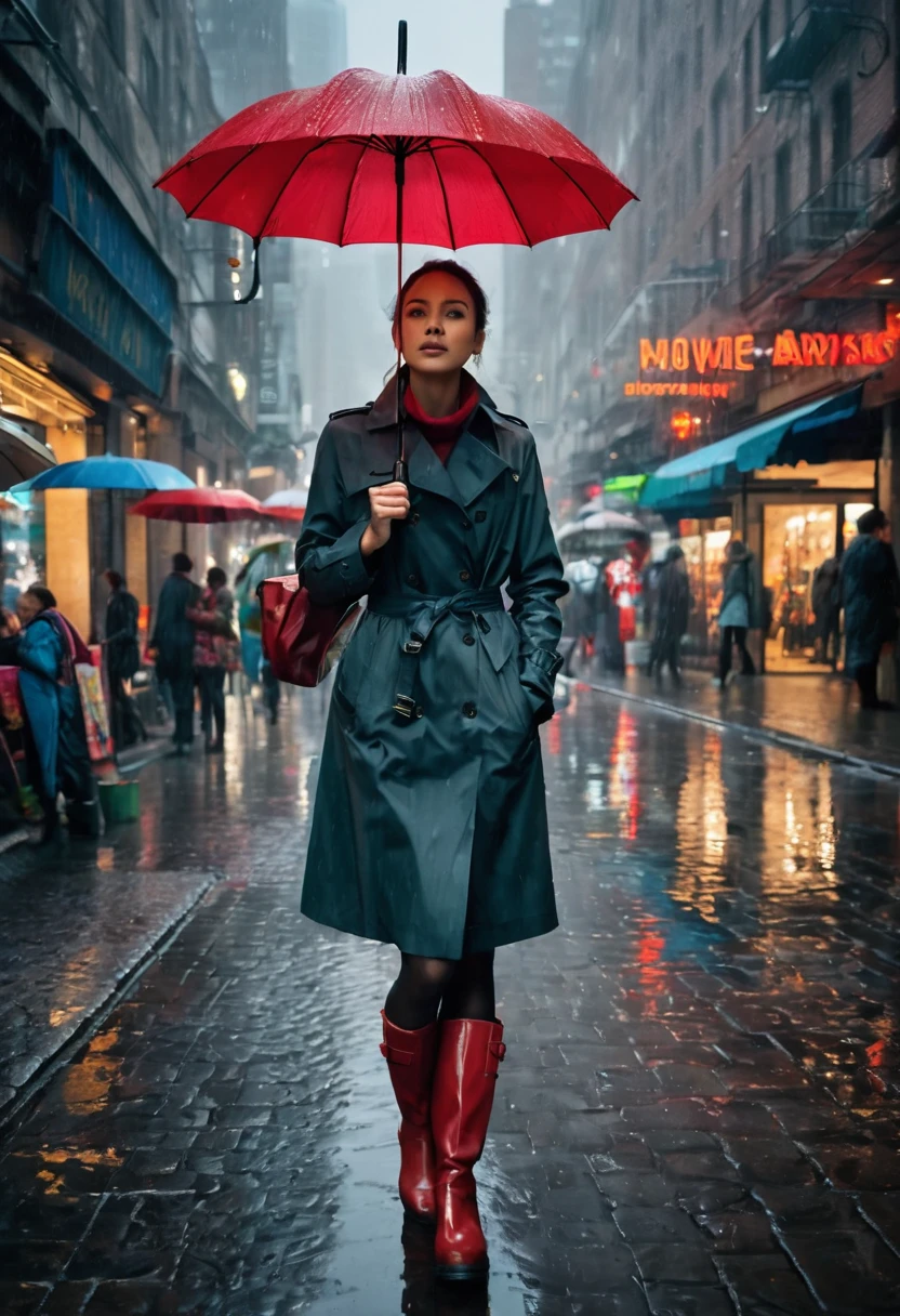 A serene, rainy day in a bustling city. A young woman stands on a cobblestone street, holding a vibrant, red umbrella. She wears a stylish trench coat and tall boots, looking both chic and protected from the rain. The umbrella is slightly tilted, shielding her from the gentle drizzle.
Around her, the city is alive with activity. People bustle by with their own umbrellas, creating a sea of colors and patterns. Nearby, a street vendor under a canopy sells hot coffee, steam rising from the cups into the cool air. The storefronts are adorned with glowing signs and display windows showcasing the latest fashions.
In the background, a mix of modern skyscrapers and classic architecture stretches into the misty distance. Reflections of city lights dance on the wet pavement, creating a mesmerizing glow. Puddles form near the curbs, occasionally disturbed by passing cars that send up sprays of water.
Overhead, dark clouds roll across the sky, their edges illuminated by the occasional flash of lightning. Yet, despite the rain, the scene is warm and inviting, a snapshot of life continuing with a sense of resilience and beauty.