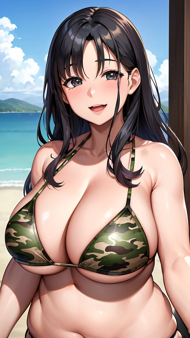 In 8K、Ultra HD、Best Quality、Top quality、Extremely detailed image quality、Realistic woman、Cowboy Shot、One Woman、(A big smile、Laughing with your mouth open:1.2)、Japanese、Peaceful face、Beautiful Eyes、Contrasting Eyes、(42-year-old woman:1.8)、Married Woman、(Plump body:1.2)、belly button、Black Hair、Long Hair、(Incredibly large breasts、Cleavage:1.4)、(Camouflage Bikini:1.4)、stage、in front of the screen、I'm sweating、(gleaming skin:1.4)、Esbian all over、(squatting,open legs:1.5), Knee-high boots、Long gloves、