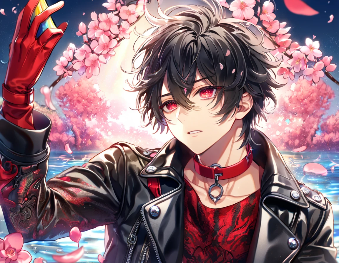 absurdres, highres, ultra detailed, HDR, master piece, best quality, Shin, black hair, messy hair, expressive red eyes, red streaks, Amnesia, solo, sexy man, handsome, cropped black leather jacket, red shirt with black patterns, red collar, red gloves, water, fantasy, magical, shining, pink flowers, pink blossoms, pink petals