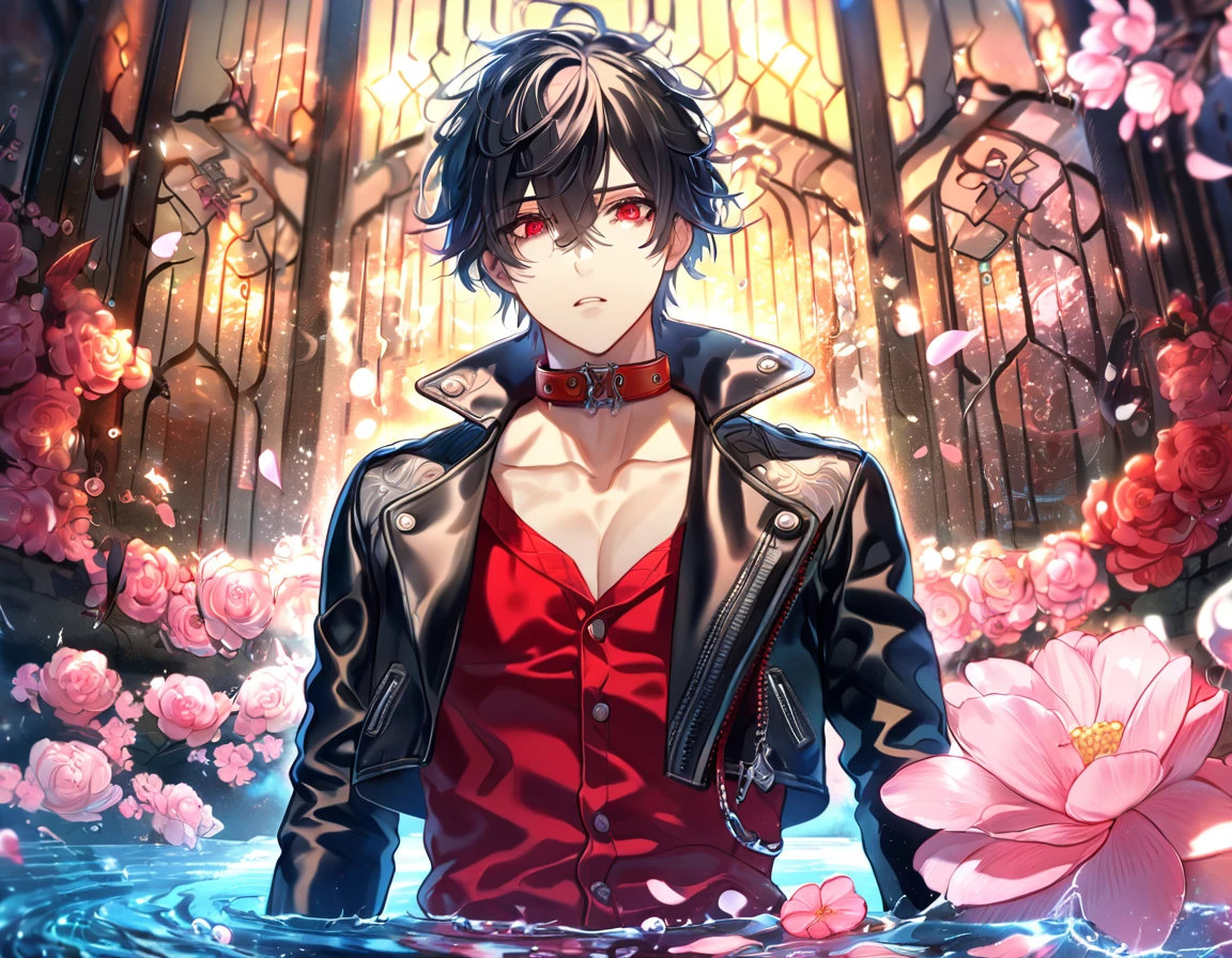 absurdres, highres, ultra detailed, HDR, master piece, best quality, Shin, black hair, messy hair, expressive red eyes, red streaks, Amnesia, solo, sexy man, handsome, cropped black leather jacket, red shirt with black patterns, red collar, red gloves, water, fantasy, magical, shining, pink flowers, pink blossoms, pink petals