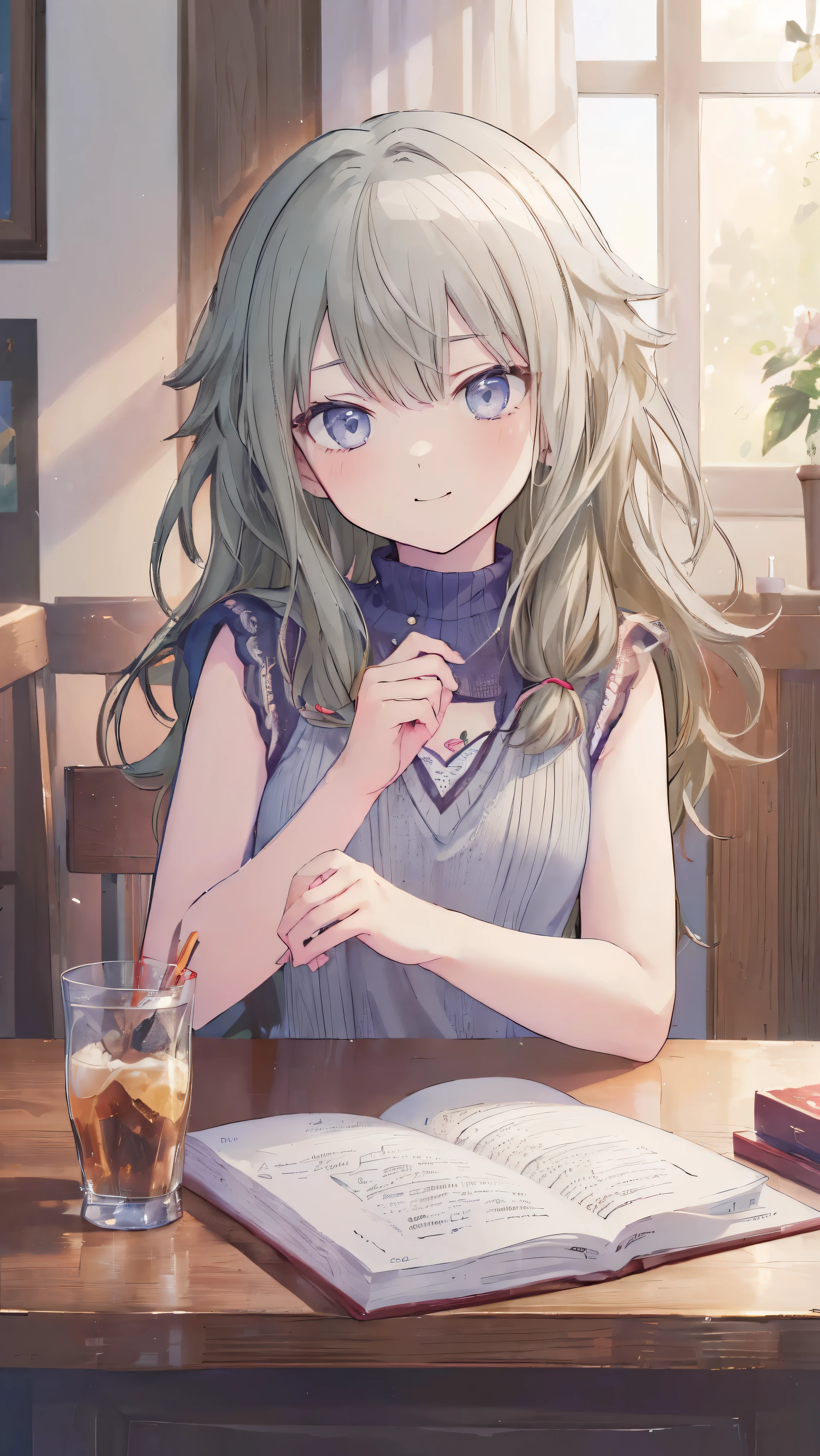 (masterpiece, Highest quality:1.6),Best image quality、Highest quality、Perfect lighting,masterpiece、Best image quality、Highest quality、Lori、Girl、、smile、Show your hand, Put your elbows on the table, Slap in the face、Chest close-up, , Sleeveless, Knitted sweater