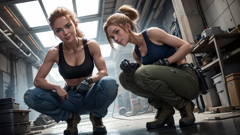 perfect anatomy, female engineer mechanic girl crouching down, dirty tank top, uniform, working on a robot, solo focus, blue eyes, strawberry blonde hair, ponytail, denim jeans, repairing machines, smiling, caring, looking upward, high angle, cyberpunk, futuristic, military vibes, diesel punk, indoors, welding, looking at viewer, muscle, toned woman, tomboy, in a futuristic military complex, police department, small jet fighter, white walls, ((BEST QUALITY))