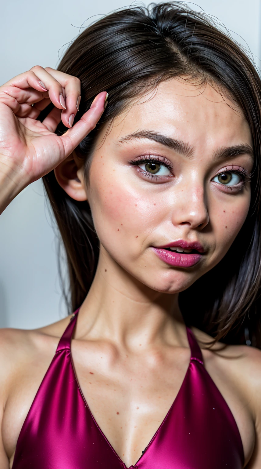 a close up of mirage in a red dress with tattoos on her chest, (tipo de cuerpo pequeño:1.1), (petite body), multiple angles, charli xcx, ava max, bella poarch, she looks like a mix of grimes, charli bowater, sexy look, billie eilish, madison beer as leeloo, portrait of kim petras, 18 years old, the super hot and sexy, looks a blend of grimes