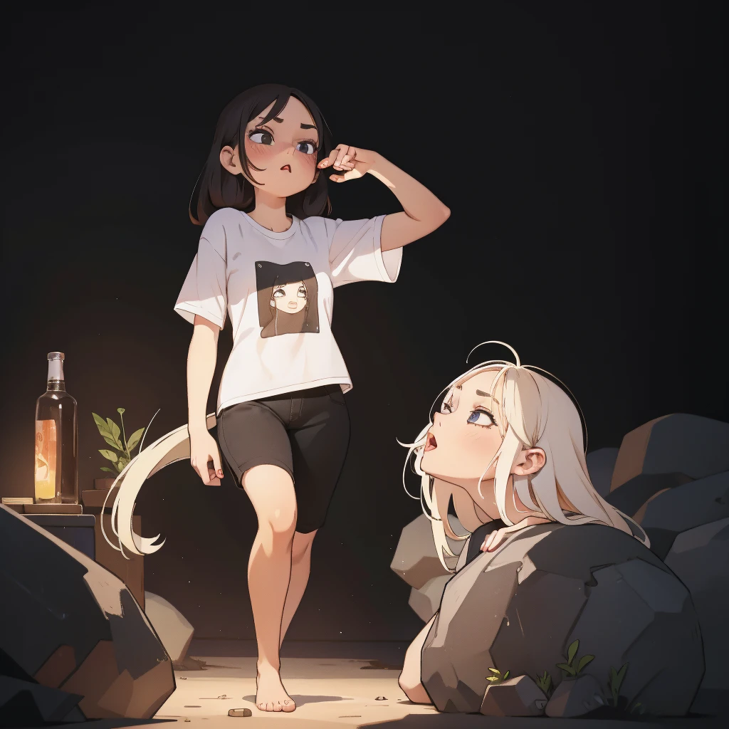 sexy girl, drunk face , transparent white t-shirt, dark environment, macabre scene, transcendental journey through LSD use , lunatic travel