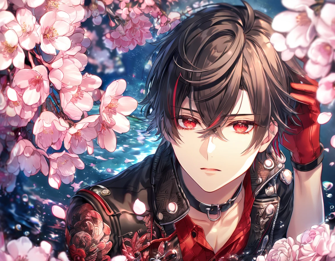 absurdres, highres, ultra detailed, HDR, master piece, Shin, messy black hair, red streaks, expressive red eyes, cropped black leather jacket, Amnesia Memories, sexy man, handsome, best quality, blossoms, pink petals, pink flowers, fantasy, magical, blue shining fireflies, solo, water, red shirt with black patterns, red gloves, red collar,