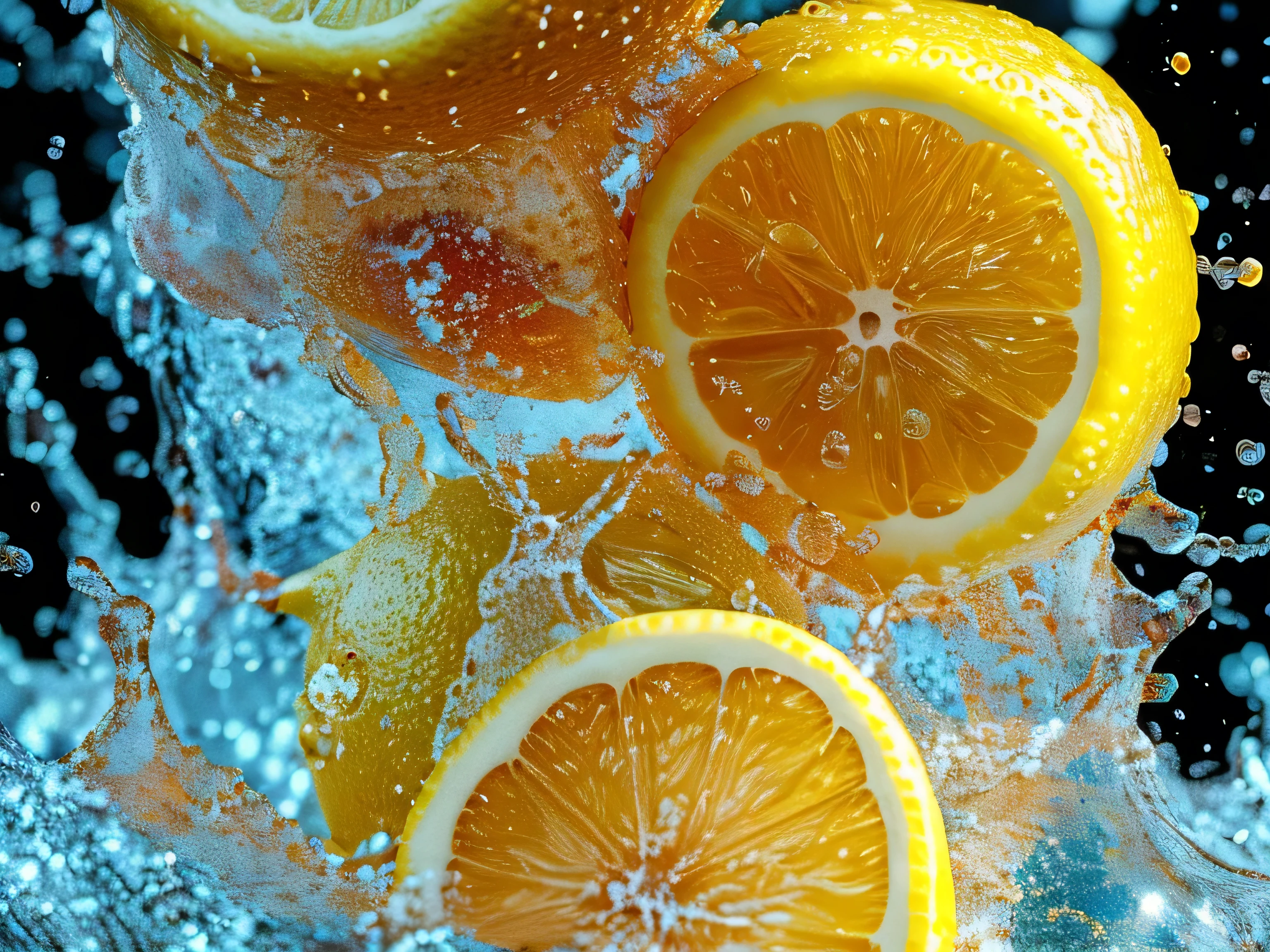 Real photography of 3 lemons falling into water and splashing with water droplets. Commercial advertising style, macro shot, background, warm lighting, cool colors creating splash effect. The cherry is dotted with white light spots, and the cherry falls from above, forming a splashing liquid water ball. HD photography quality.