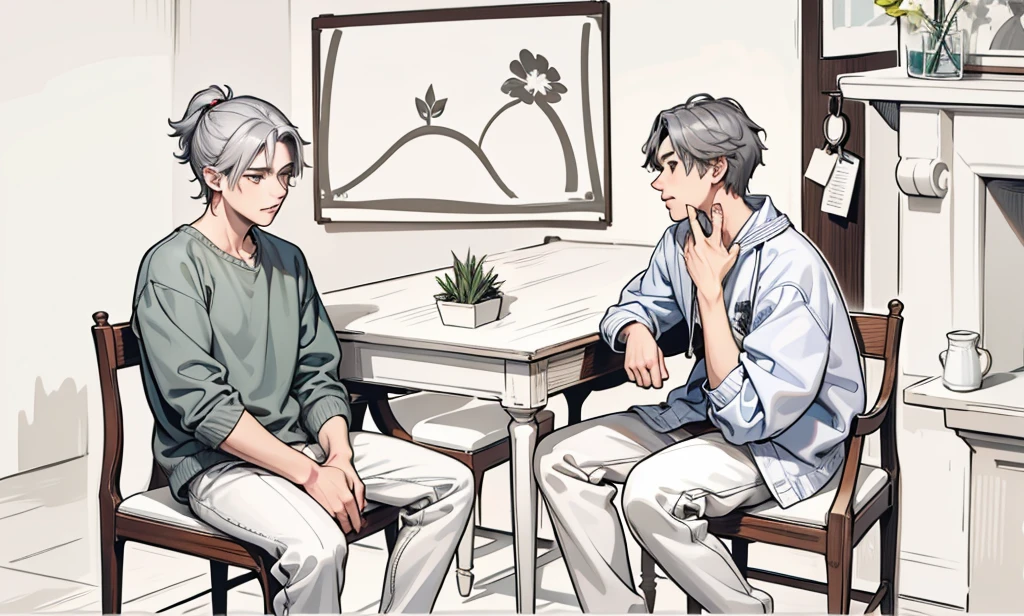 There are two 17-year-olds sitting in the dining room, they are somewhat uncomfortable talking, their hair is gray.