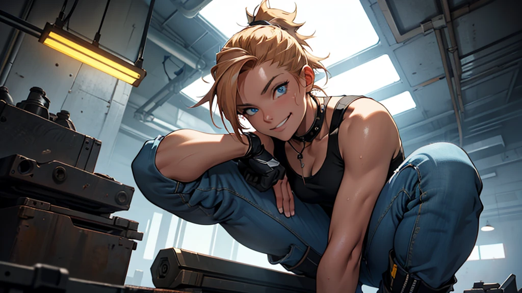 perfect anatomy, female engineer mechanic girl crouching down, dirty tank top, uniform, working on a robot, solo focus, blue eyes, strawberry blonde hair, ponytail, denim jeans, repairing machines, smiling, caring, looking upward, high angle, cyberpunk, futuristic, military vibes, diesel punk, indoors, welding, looking at viewer, muscle, toned woman, tomboy, in a futuristic military complex, police department, small jet fighter, white walls, ((BEST QUALITY))