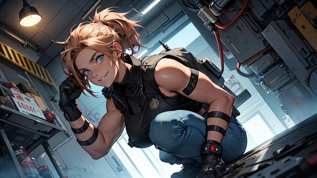 perfect anatomy, female engineer mechanic girl crouching down, dirty tank top, uniform, working on a robot, solo focus, blue eyes, strawberry blonde hair, ponytail, denim jeans, repairing machines, smiling, caring, looking upward, high angle, cyberpunk, futuristic, military vibes, diesel punk, indoors, welding, looking at viewer, muscle, toned woman, tomboy, in a futuristic military complex, police department, small jet fighter, white walls, ((BEST QUALITY))