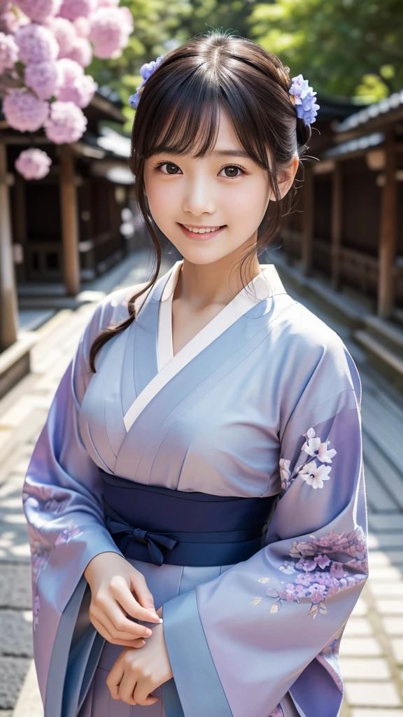 professional lighting,(Photoreal:1.4), (Top image quality:1.0), (超A high resolution:1.0), 8K, Raw photography, (masterpiece:0.2), (Face the children_v1:0.5)、(highest quality Detail:1.2)、realistic、8K UHD、High resolution、(1 girl:1.2)、Super detailed、High quality textures、intricate details、detailed、Very detailed CG、High quality shadows、detailed Beautiful and delicate face、Beautiful details and delicate eyes、(symmetrical eyes:1.2),Depth of the bounds written、ray tracing,1 girl, A 12-year-old girl with a baby face、japanese girl, (natural smile:1.4),cute, thin, A portrait of a beautiful Japanese woman wearing a hydrangea-patterned kimono standing elegantly on a street corner in Kyoto. Her kimono is decorated with bright blue-purple hydrangeas, her hair is adorned with an elegant and delicate hairpin, and she has a gentle expression. (Against the backdrop of the old streets of Kyoto:1.4)、soft light on a spring afternoon、adds tranquility to the scene. Rendered in a realistic style with great attention to detail, High resolution images.sky porn, magic hour, (realistic:1.3), finely, quality, (table top:1.2), (realistic:1.2), (highest quality), (Complex details), dramatic, ray tracing, photograph, +roller