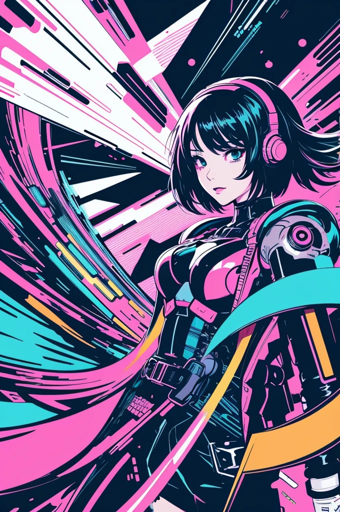 anime, girl, cute, cyber punk, colorful, ink paint Line art, Vector art, Bold line, Glitch Art, Flat Color, Key Visual, Vibrant, Drafting, Line art, Minimalist, masterpiece, Fly to the sky,