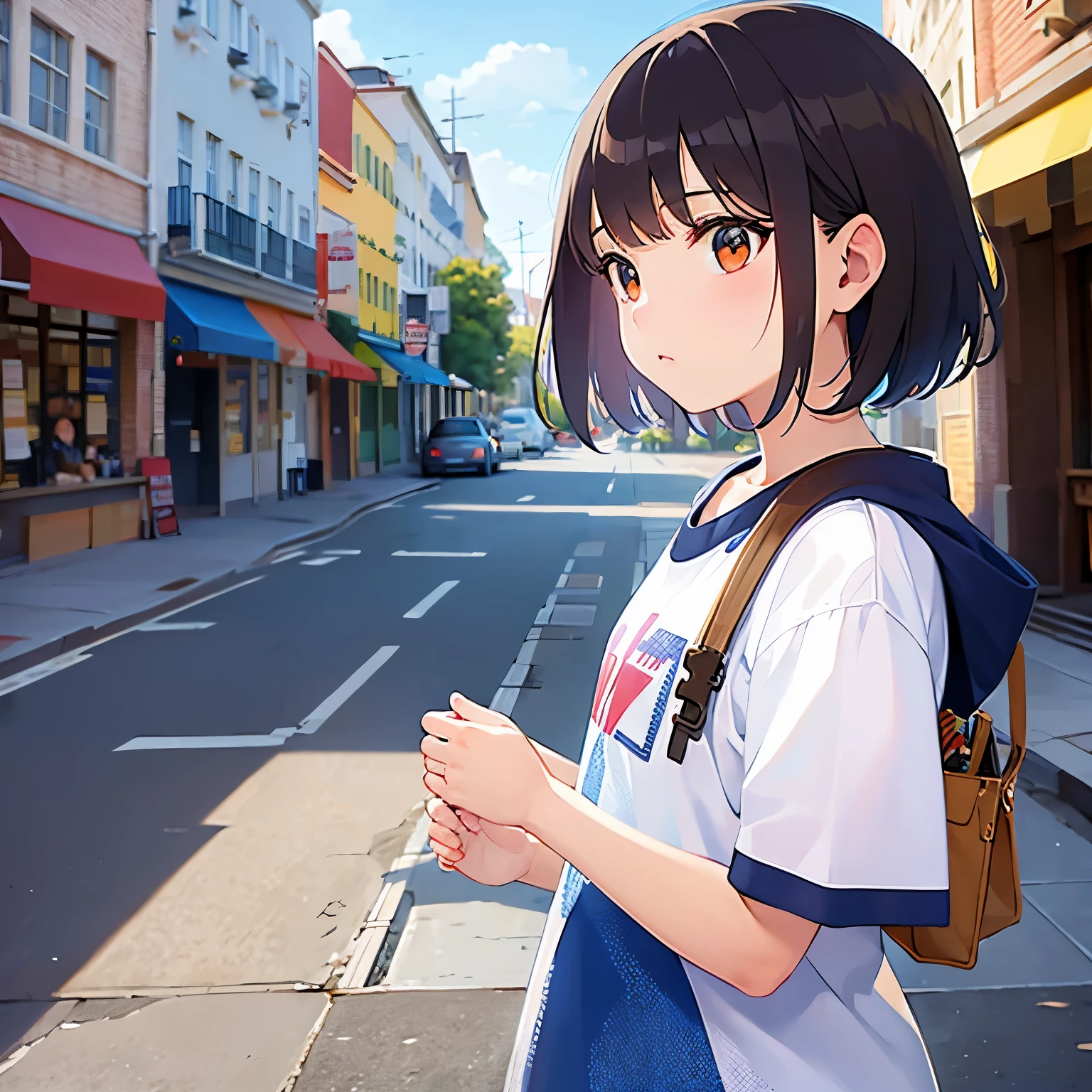 side angle, (looking away:1.5), 、bob cut, masterpiece、Highest quality、 (Brown hair with bangs) and (Orange eyes) and (8-year-old girl:1.5), Primary school students、(blue) and (T-Shirts)、Serious expression, Are standing、The background is a shopping street、The upper body is shown、Alone、