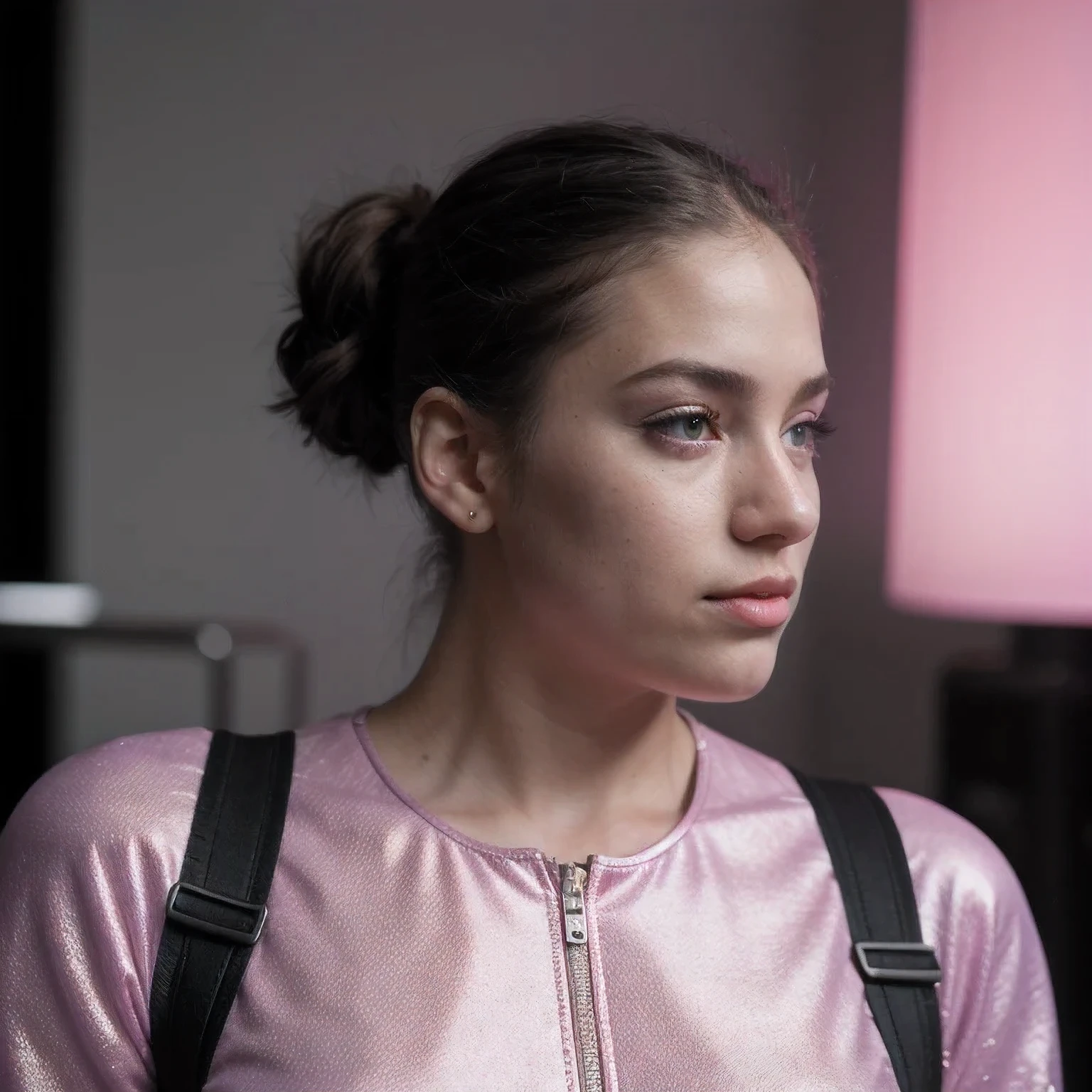 Photo of a college student, Purple Pink, Futuristic space suit, (freckle:0.8) Cute face, Science Fiction, Dystopia, Delicate eyes, Green pupils((side view))
