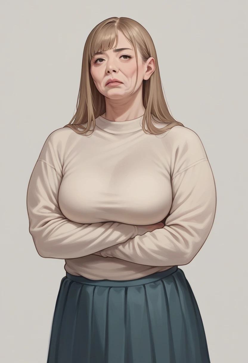 a detailed intricate photorealistic portrait of a 75 year old japanese woman with a wrinkled face, large full breasts, shoulder length light brown straight hair, a plump body standing upright and looking directly at the camera wearing a sweater and skirt, on a gray background, highly detailed, sharp focus, anatomically correct, masterpiece,nude